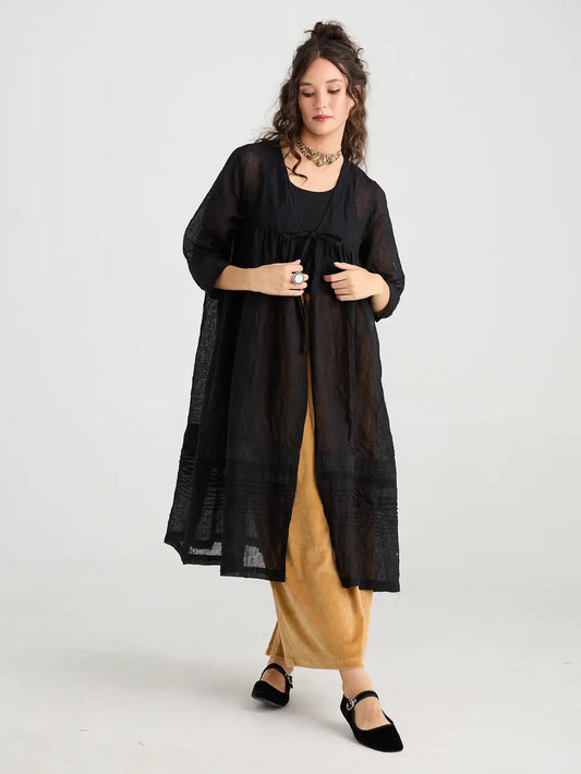 Enchantress long linen gauze coat. Licorice