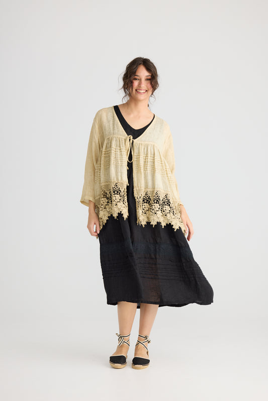 Miss Frangipani Linen and Lace Jacket. Tea Stain