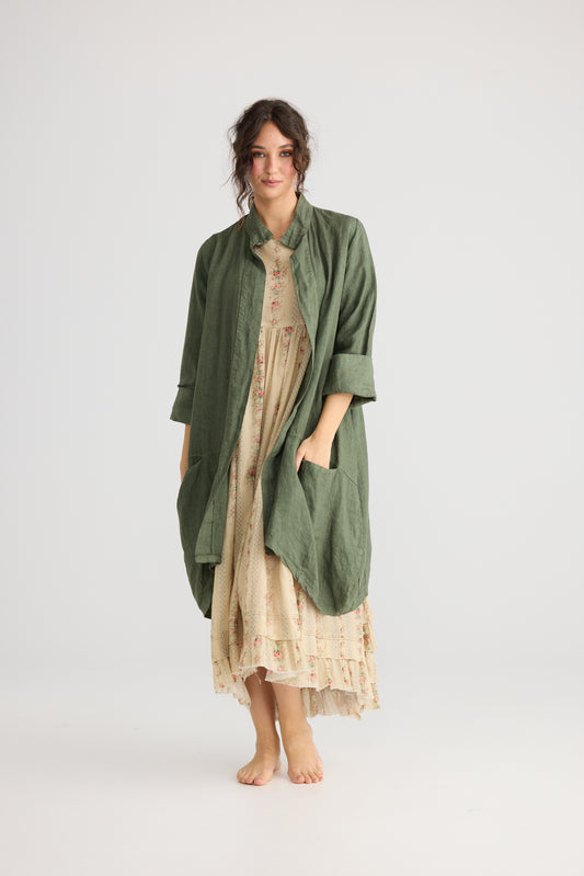 Harper Pure Linen Coat Jacket - Khaki Green