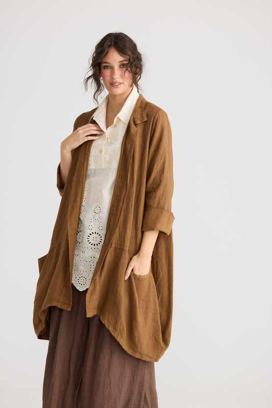 Harper Pure Linen Coat Jacket - Tobacco Brown
