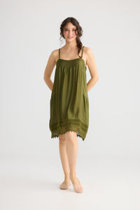 Amelie Cotton Silk Lace Edged Camisole. Moss Green