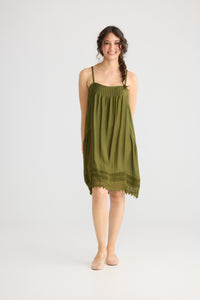 Amelie Cotton Silk Lace Edged Camisole. Moss Green
