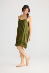Amelie Cotton Silk Lace Edged Camisole. Moss Green