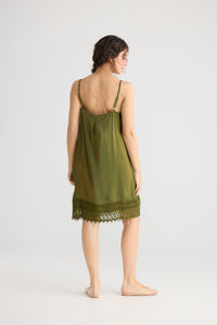 Amelie Cotton Silk Lace Edged Camisole. Moss Green