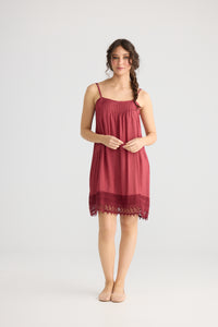 Amelie cotton and lace slip dress. Cherry.