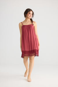 Amelie cotton and lace slip dress. Cherry.