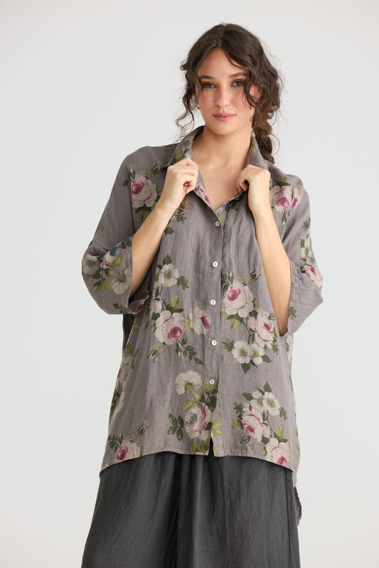 Teddy floral linen shirt, Charcoal