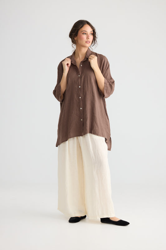 Teddy linen Shirt. Chocolate