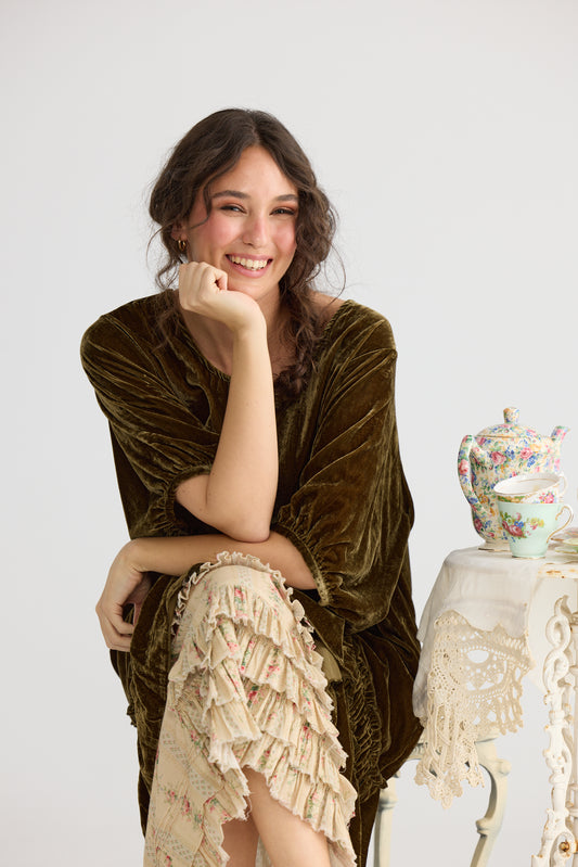 Violette Velvet Luxury Swing Top/Dress. Olive Green