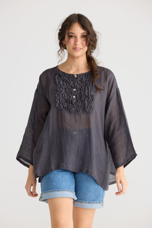 Florian Linen Gauze top. Charcoal Blue