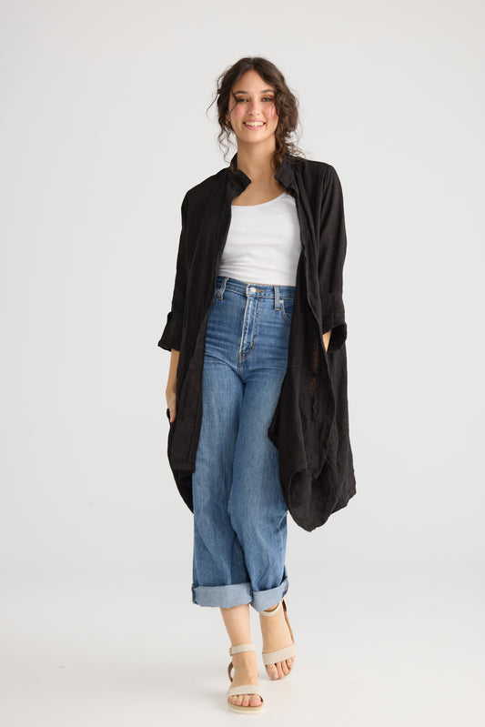 Harper Pure Linen Coat Jacket - Black