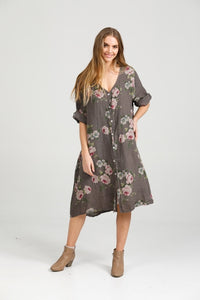 Abigail Floral Coatdress - Linen button up coat Charcoal