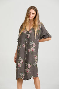 Abigail Floral Coatdress - Linen button up coat Charcoal
