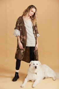 Abigail Floral Coatdress - Linen button up coat Chocolate