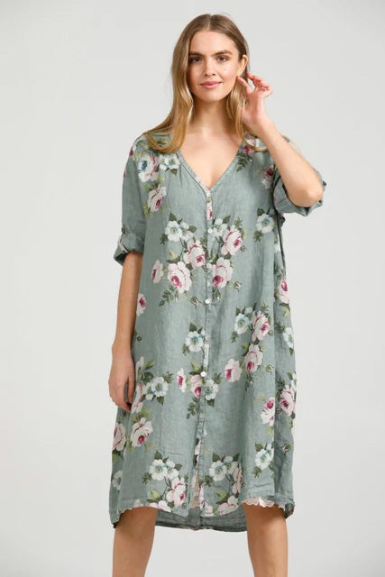 Abigail Floral Coatdress - Linen button up coat Jade Green