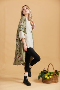 Abigail Floral Coatdress - Linen button up coat Olive Green