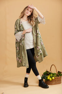 Abigail Floral Coatdress - Linen button up coat Olive Green