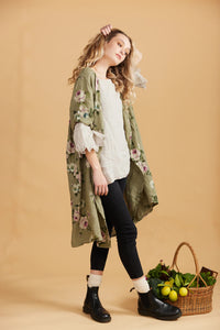 Abigail Floral Coatdress - Linen button up coat Olive Green