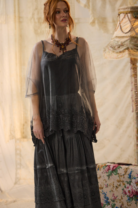 Chantilly sheer net and lace Romantic top. Misty Grey