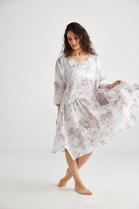 Clarissa Linen Dress FLORAL - WHITE