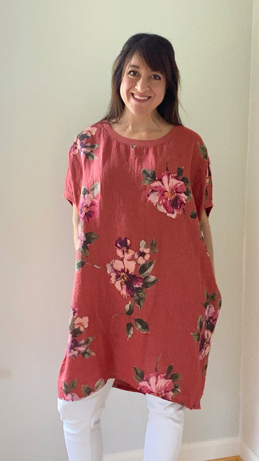 Rosabella Linen T-shirt Dress. Burnt Red Bouquet