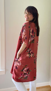 Rosabella Linen T-shirt Dress. Burnt Red Bouquet