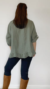 Fifi short linen jacket. Olive Green