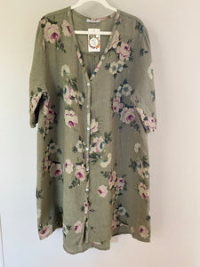 Abigail Floral Coatdress - Linen button up coat Olive Green