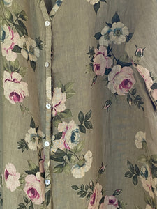 Abigail Floral Coatdress - Linen button up coat Olive Green