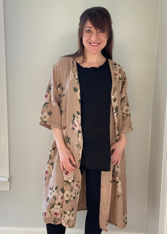 Abigail Floral Coatdress - Linen button up coat Soft Brown