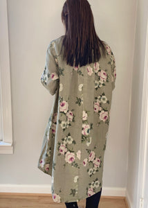 Abigail Floral Coatdress - Linen button up coat Olive Green