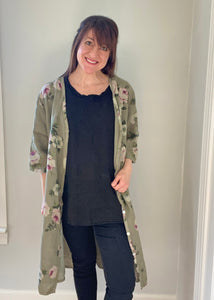 Abigail Floral Coatdress - Linen button up coat Olive Green