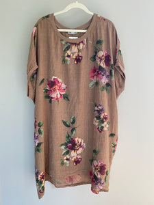 Rosabella Linen T-shirt Dress. Soft Brown Bouquet