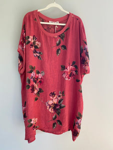 Rosabella Linen T-shirt Dress. Raspberry Red Bouquet
