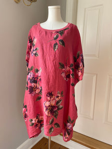 Rosabella Linen T-shirt Dress. Raspberry Red Bouquet
