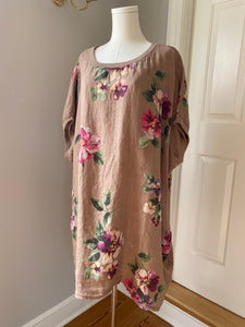 Rosabella Linen T-shirt Dress. Soft Brown Bouquet
