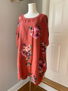 Rosabella Linen T-shirt Dress. Burnt Red Bouquet
