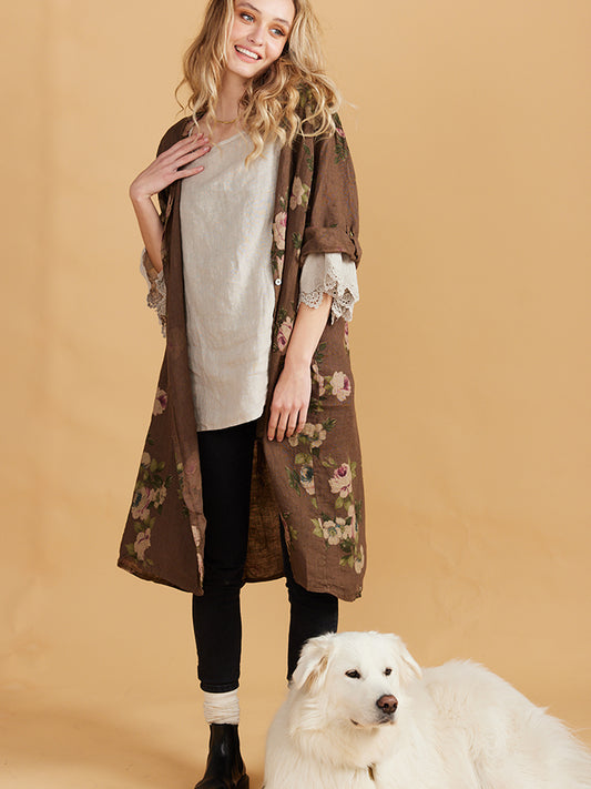 Abigail Floral Coatdress - Linen button up coat Chocolate
