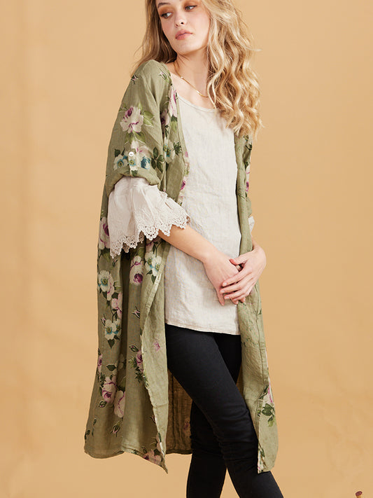 Abigail Floral Coatdress - Linen button up coat Olive Green