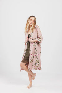 Abigail Floral Coatdress - Linen button up coat Dark Pink