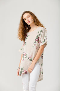 Contessa floral linen top. Beige Bouquet