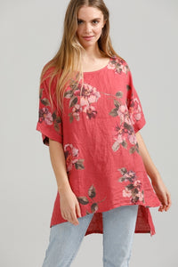 Contessa floral linen top. Red Bouquet