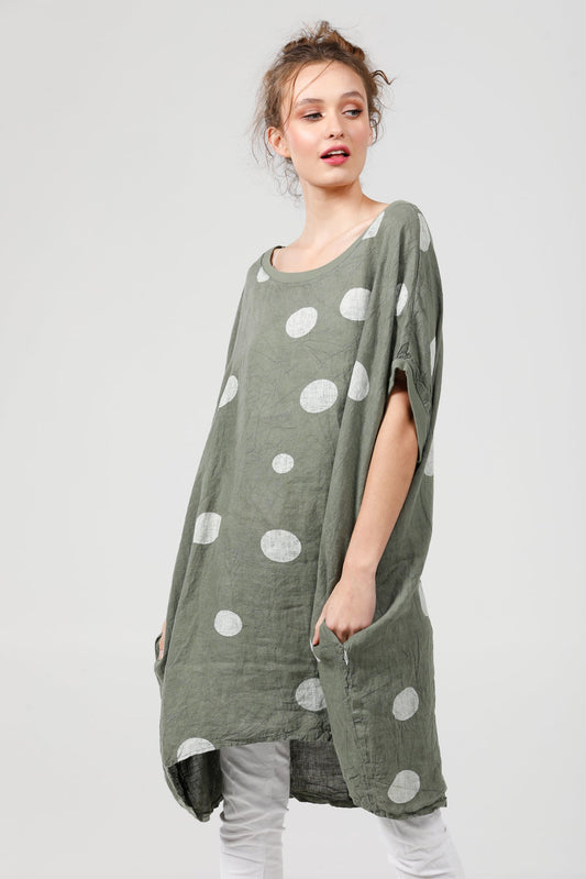 Rosabella Linen T-shirt Dress. Green Polka Dot