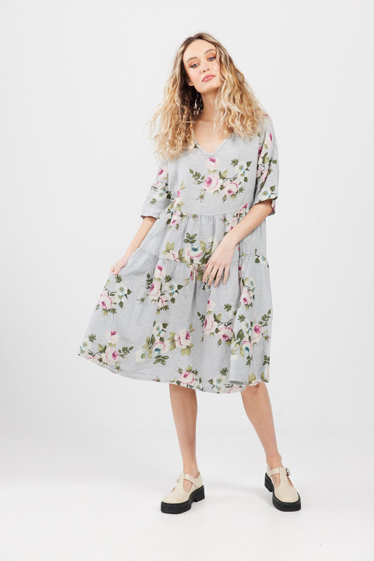 Stella floral linen dress. Dove Grey