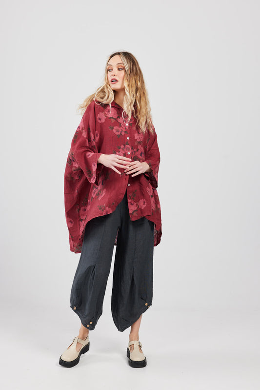Teddy floral linen shirt. Cranberry