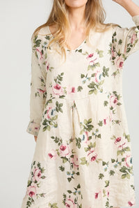 Mia Linen dress. Cream Rose