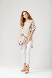 Contessa floral linen top. Beige Bouquet