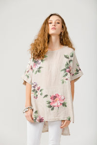 Contessa floral linen top. Beige Bouquet