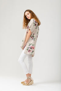 Contessa floral linen top. Beige Bouquet