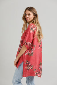 Contessa floral linen top. Red Bouquet